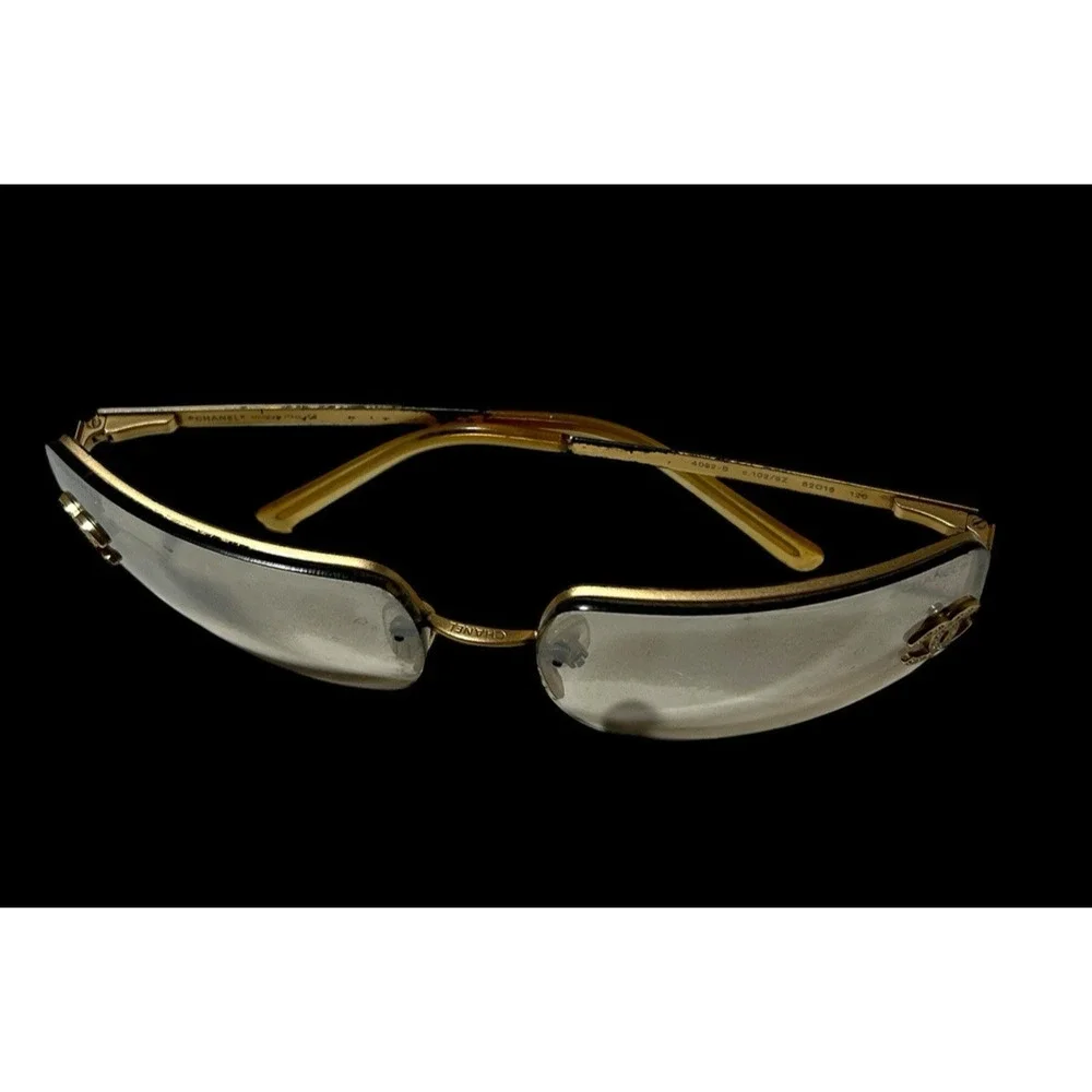 CHANEL 4092-B Rimless Sunglasses Gold CC Coco Mark Rhinestone Authentic Italy